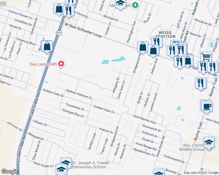 map of restaurants, bars, coffee shops, grocery stores, and more near 4704 Lookout Mountain Lane in Killeen