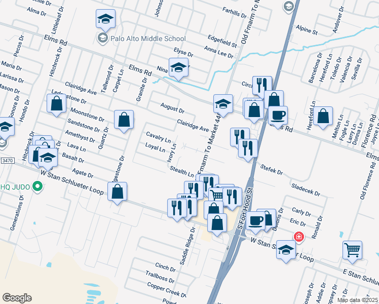 map of restaurants, bars, coffee shops, grocery stores, and more near 1103 Lansberry Court in Killeen