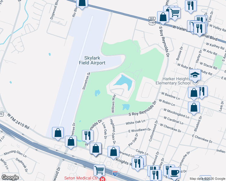 map of restaurants, bars, coffee shops, grocery stores, and more near 2102 Lakeview Loop in Killeen