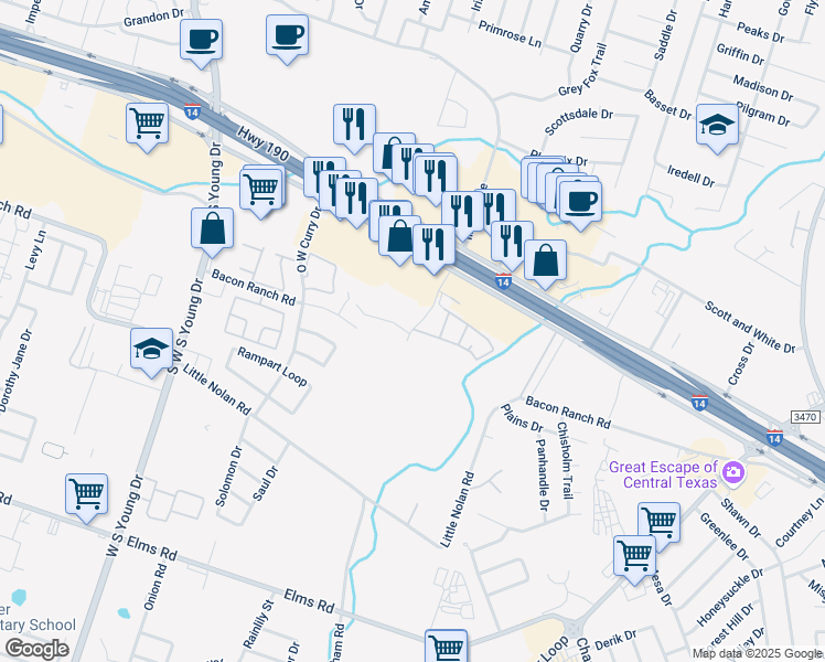 map of restaurants, bars, coffee shops, grocery stores, and more near 2701 Cunningham Road in Killeen