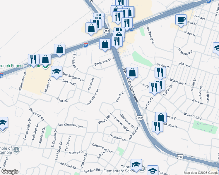 map of restaurants, bars, coffee shops, grocery stores, and more near 2402 South 61st Street in Temple