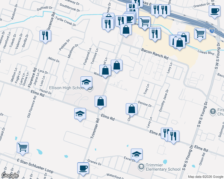 map of restaurants, bars, coffee shops, grocery stores, and more near 3500 Trimmier Road in Killeen