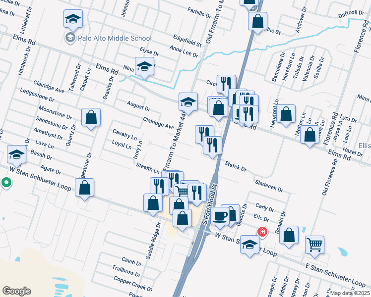 map of restaurants, bars, coffee shops, grocery stores, and more near 1107 Shanarae Circle in Killeen