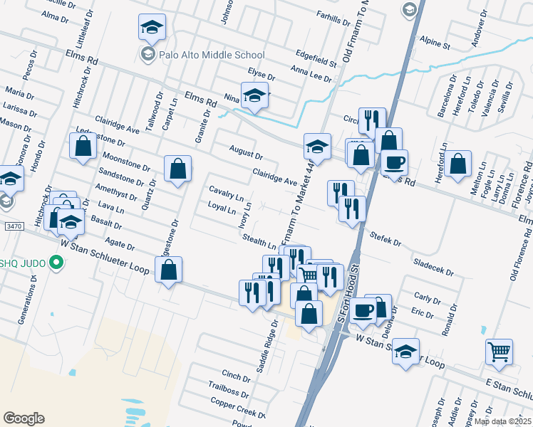 map of restaurants, bars, coffee shops, grocery stores, and more near 1103 Lansberry Court in Killeen