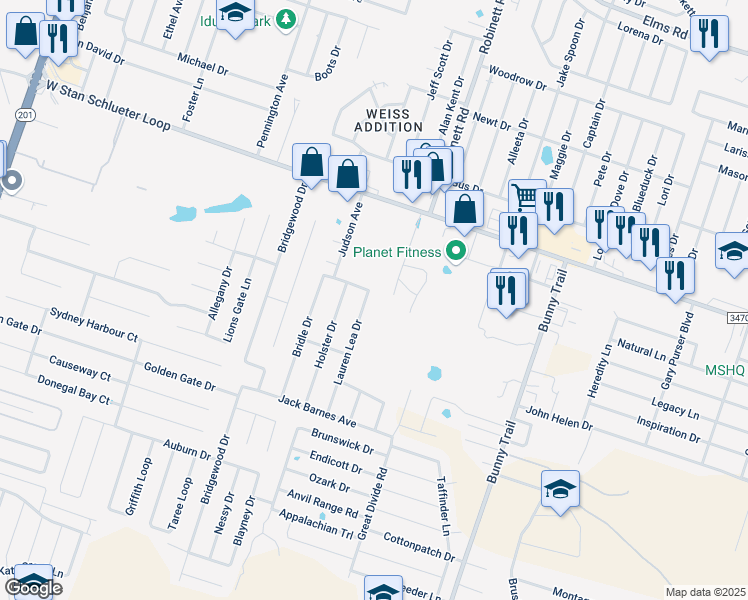 map of restaurants, bars, coffee shops, grocery stores, and more near 5100 Lauren Lea Drive in Killeen