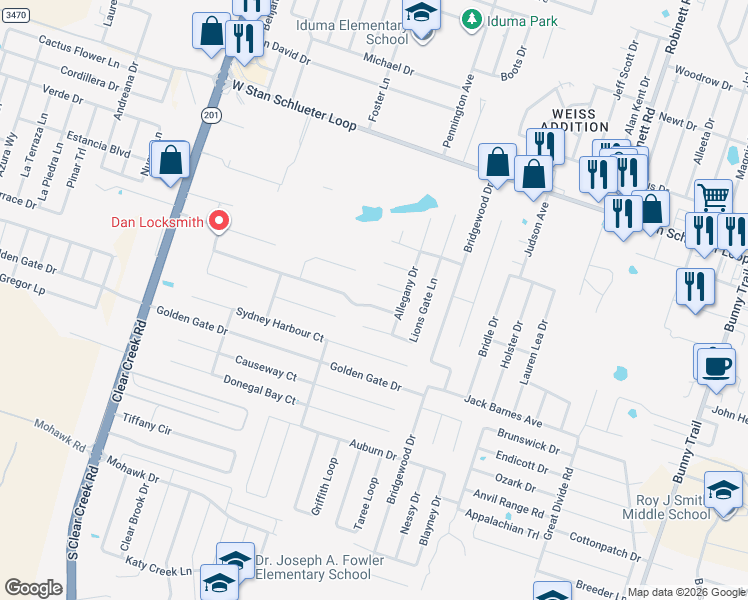 map of restaurants, bars, coffee shops, grocery stores, and more near 4704 Lookout Mountain Lane in Killeen