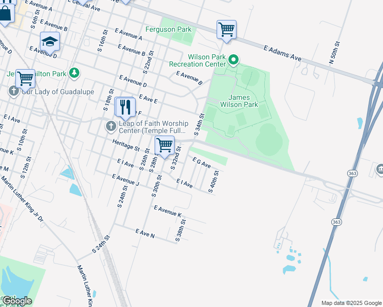 map of restaurants, bars, coffee shops, grocery stores, and more near 1902 East G Avenue in Temple