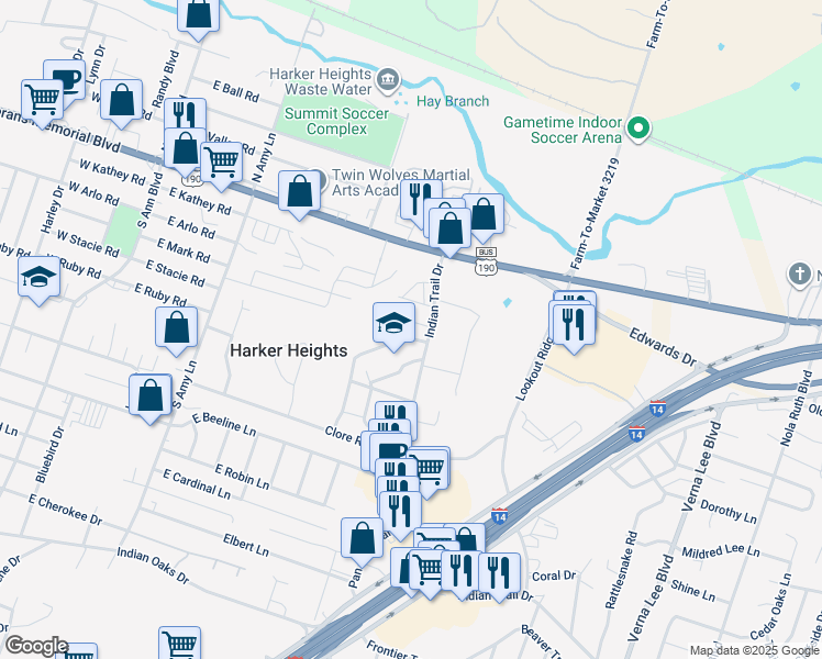 map of restaurants, bars, coffee shops, grocery stores, and more near 401 Justin Lane in Harker Heights