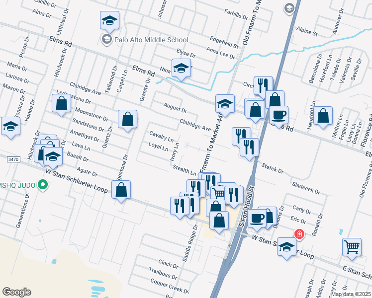map of restaurants, bars, coffee shops, grocery stores, and more near 1103 Lansberry Court in Killeen