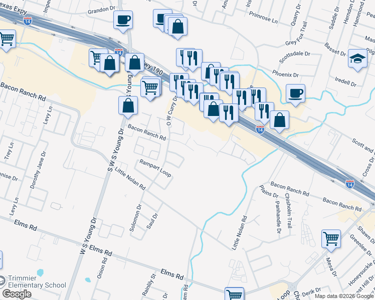 map of restaurants, bars, coffee shops, grocery stores, and more near 2708 Bacon Ranch Road in Killeen