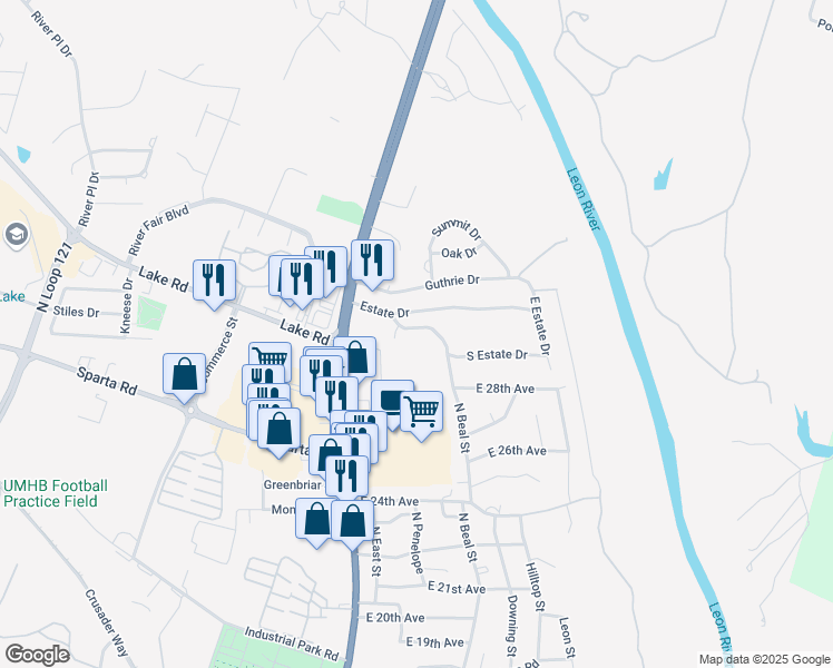 map of restaurants, bars, coffee shops, grocery stores, and more near 613 South Estate Drive in Belton