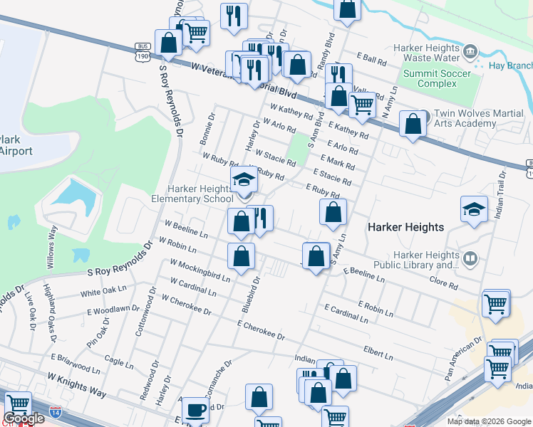 map of restaurants, bars, coffee shops, grocery stores, and more near 723 South Ann Boulevard in Harker Heights