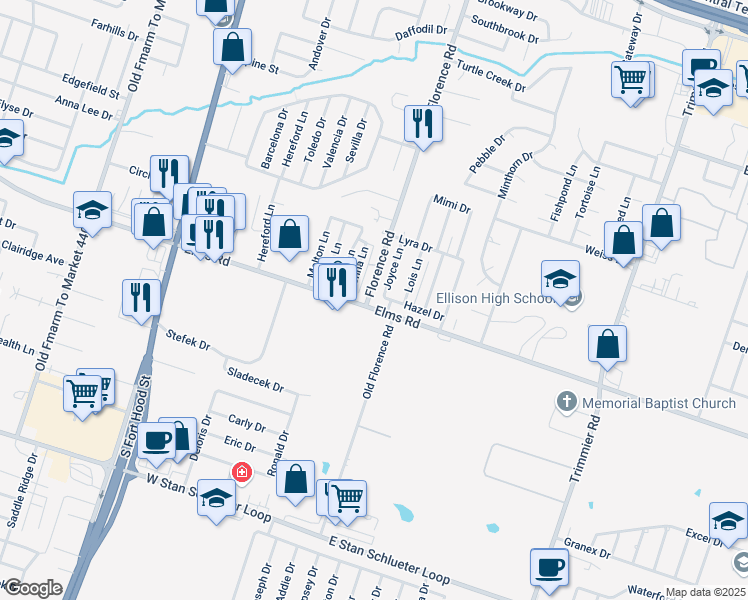 map of restaurants, bars, coffee shops, grocery stores, and more near 93 East Elms Road in Killeen