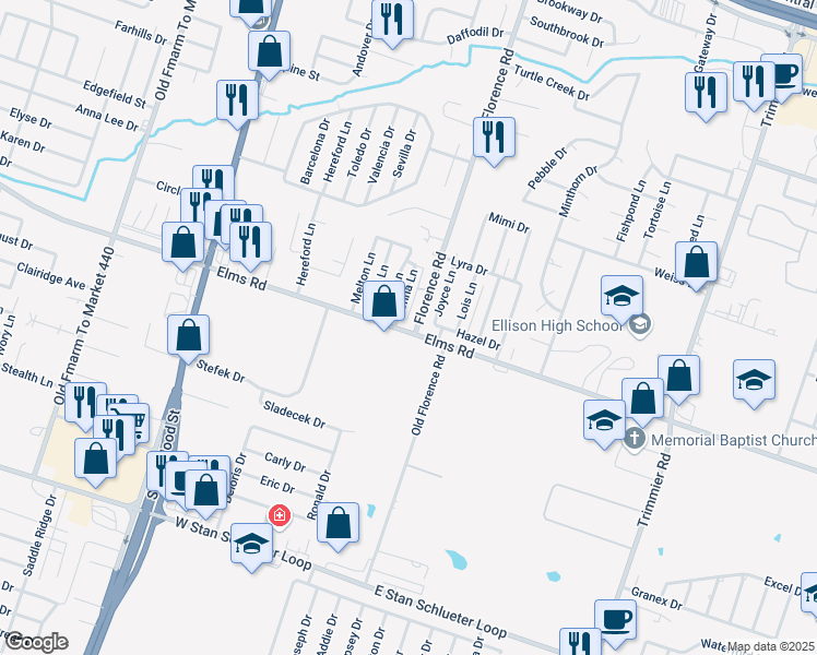 map of restaurants, bars, coffee shops, grocery stores, and more near 93 East Elms Road in Killeen