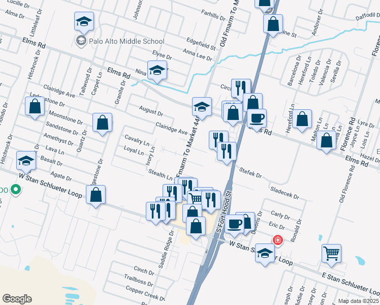 map of restaurants, bars, coffee shops, grocery stores, and more near 4201 Old FM 440 Road in Killeen