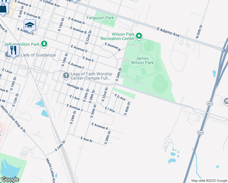 map of restaurants, bars, coffee shops, grocery stores, and more near 1902 East G Avenue in Temple