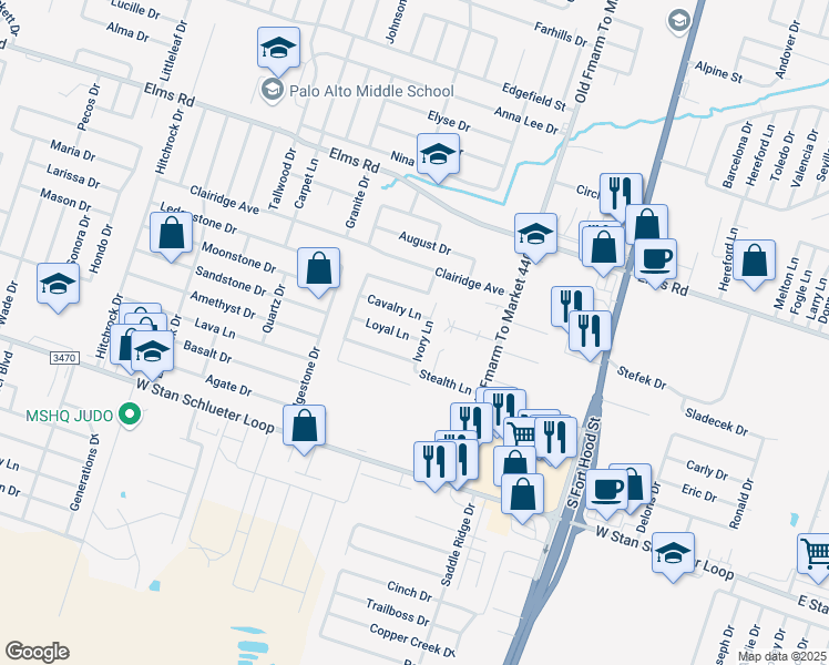 map of restaurants, bars, coffee shops, grocery stores, and more near 1203 Loyal Lane in Killeen