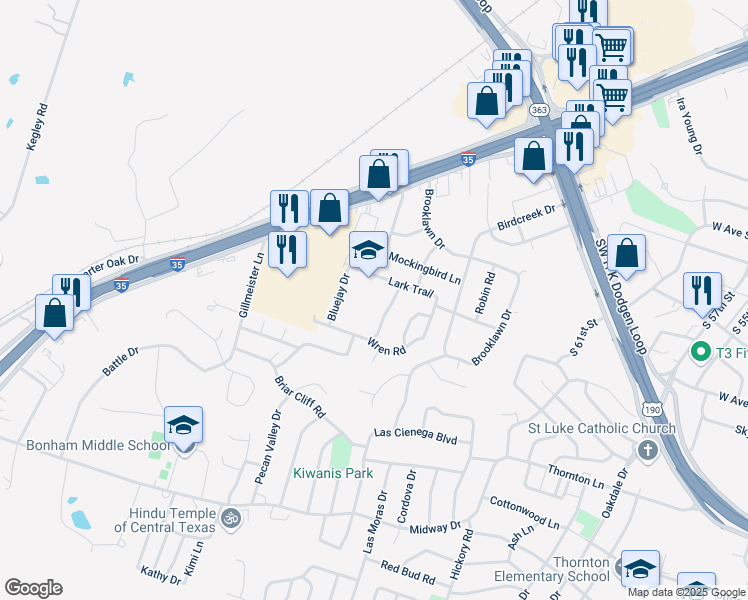 map of restaurants, bars, coffee shops, grocery stores, and more near 4111 Lark Trail in Temple