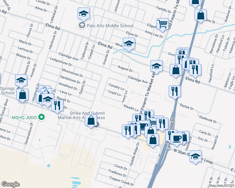 map of restaurants, bars, coffee shops, grocery stores, and more near 1308 Loyal Lane in Killeen
