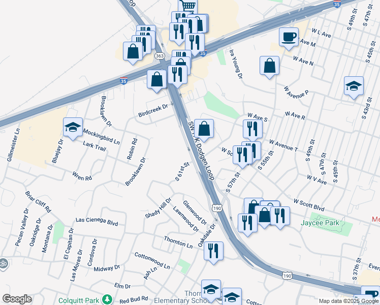 map of restaurants, bars, coffee shops, grocery stores, and more near 2100 South 61st Street in Temple
