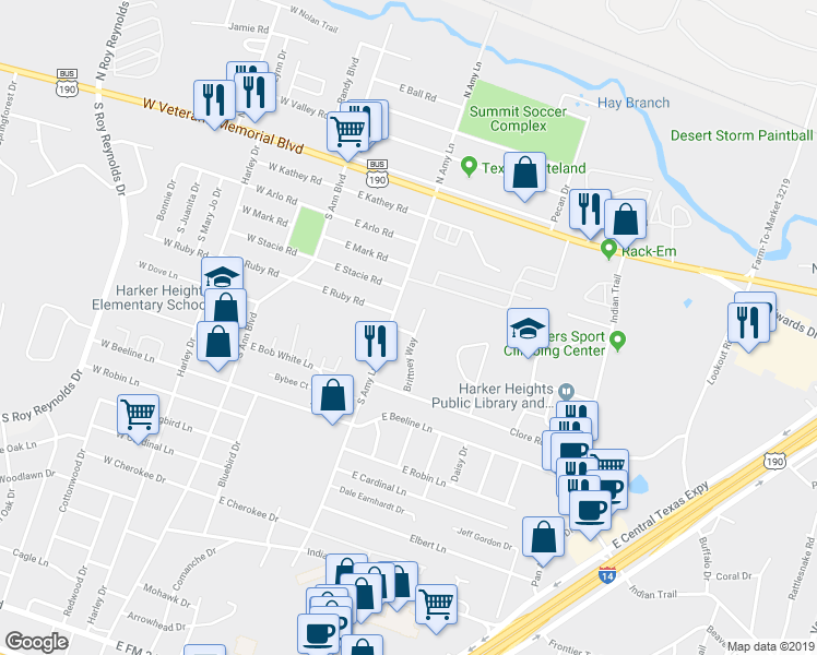 map of restaurants, bars, coffee shops, grocery stores, and more near 408 Brittney Way in Harker Heights