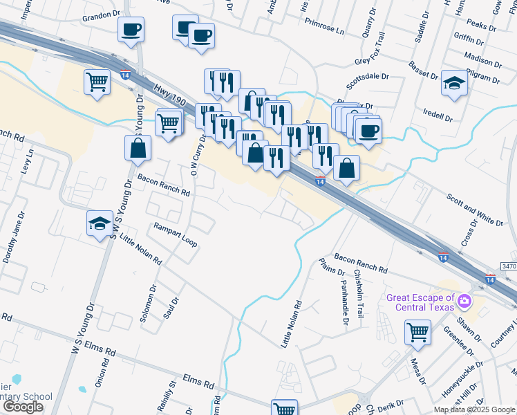 map of restaurants, bars, coffee shops, grocery stores, and more near 2701 Cunningham Road in Killeen