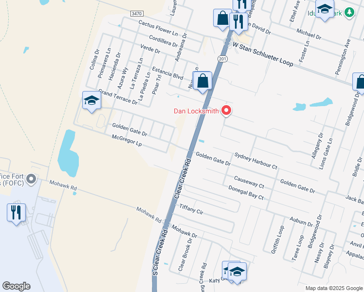 map of restaurants, bars, coffee shops, grocery stores, and more near 5601 Clear Creek Road in Killeen