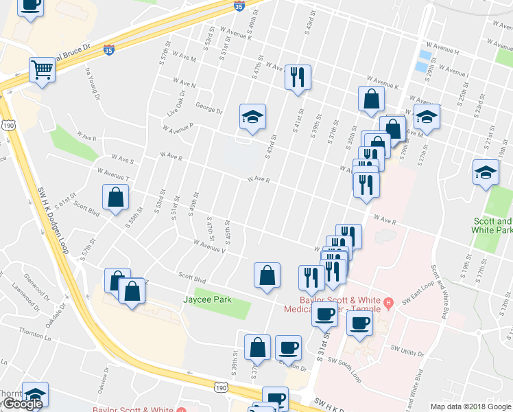 map of restaurants, bars, coffee shops, grocery stores, and more near 1901 South 43rd Street in Temple