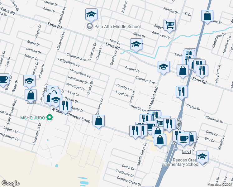 map of restaurants, bars, coffee shops, grocery stores, and more near 1306 Loyal Lane in Killeen