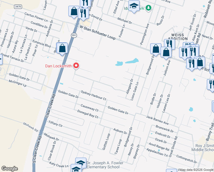 map of restaurants, bars, coffee shops, grocery stores, and more near 4900 Ranch Meadow Street in Killeen