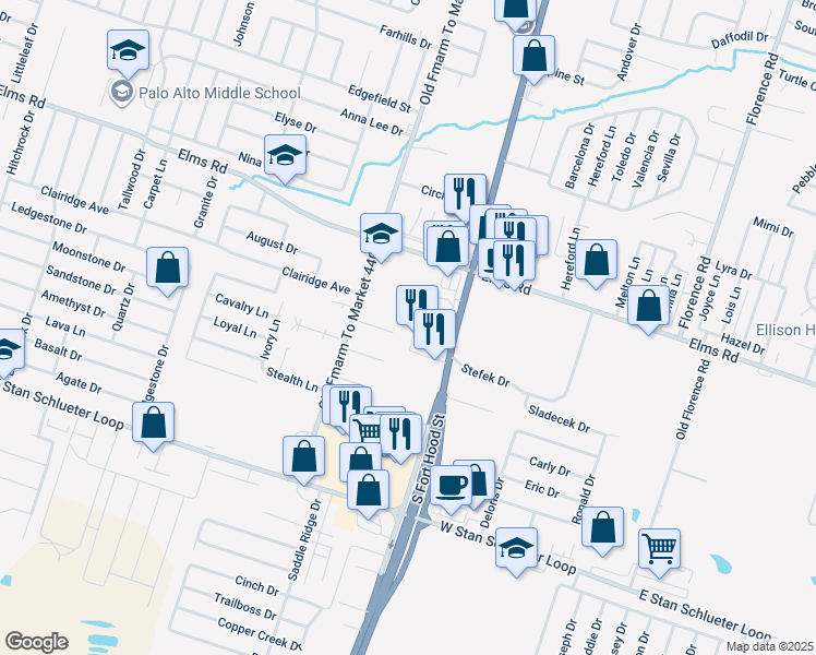 map of restaurants, bars, coffee shops, grocery stores, and more near 803 Leifester Circle in Killeen