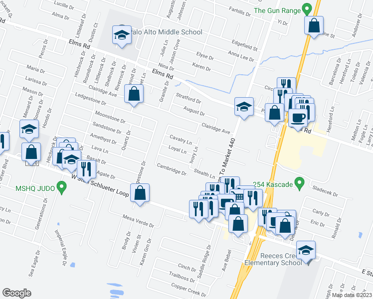map of restaurants, bars, coffee shops, grocery stores, and more near 1203 Loyal Lane in Killeen