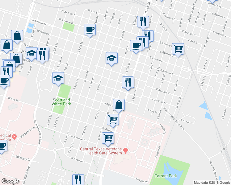map of restaurants, bars, coffee shops, grocery stores, and more near 1301 South 5th Street in Temple