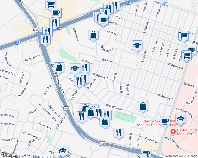 map of restaurants, bars, coffee shops, grocery stores, and more near 2002 South 53rd Street in Temple