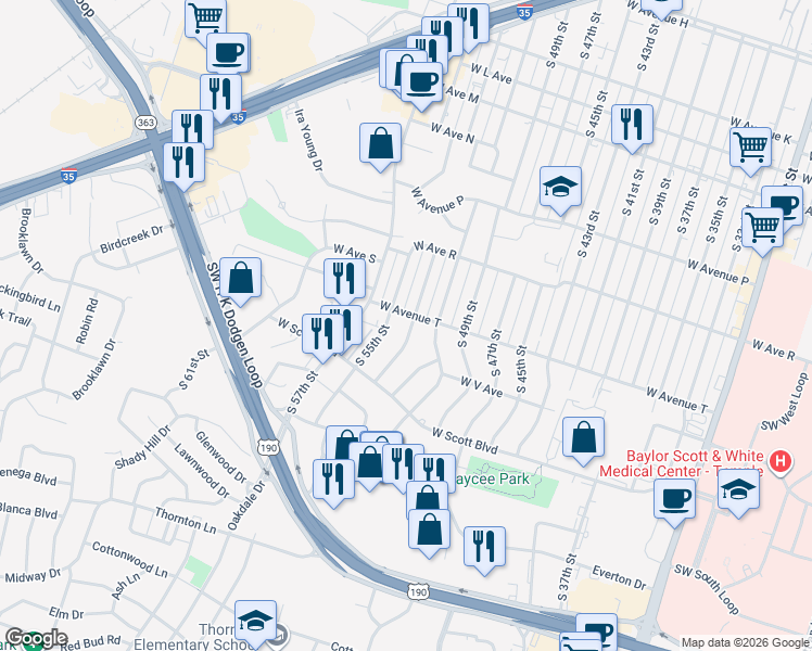 map of restaurants, bars, coffee shops, grocery stores, and more near 2002 South 53rd Street in Temple