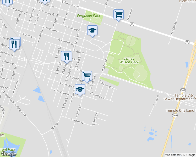 map of restaurants, bars, coffee shops, grocery stores, and more near 1902 East G Avenue in Temple