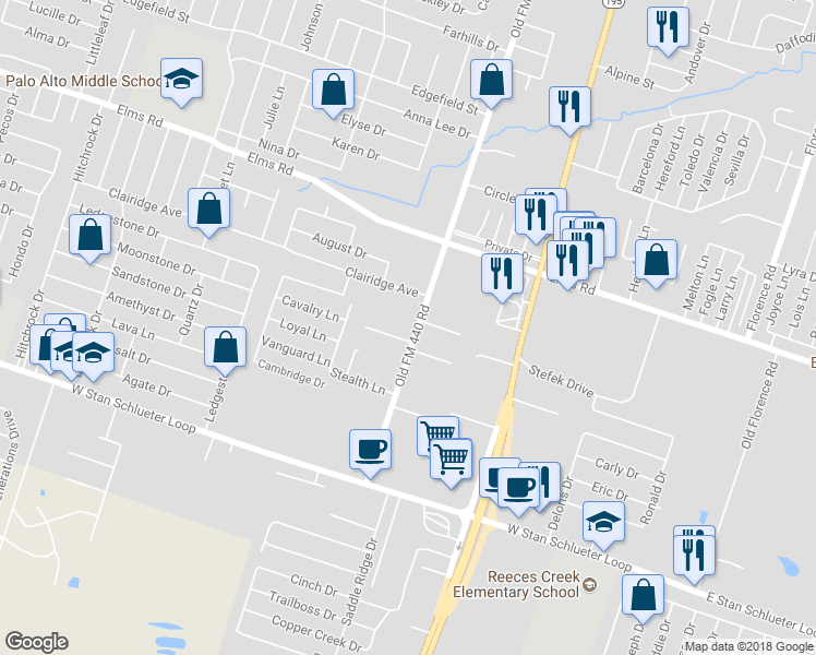 map of restaurants, bars, coffee shops, grocery stores, and more near 4201 Old FM 440 Road in Killeen