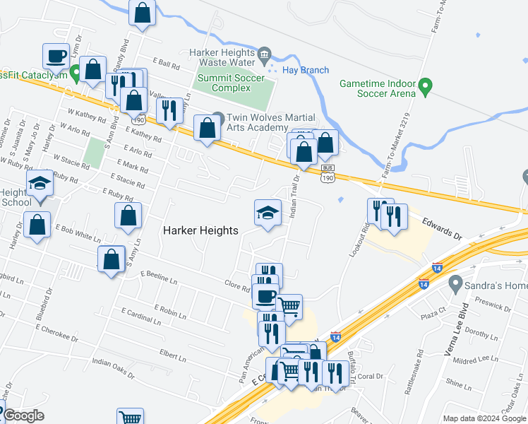 map of restaurants, bars, coffee shops, grocery stores, and more near 412 Justin Lane in Harker Heights