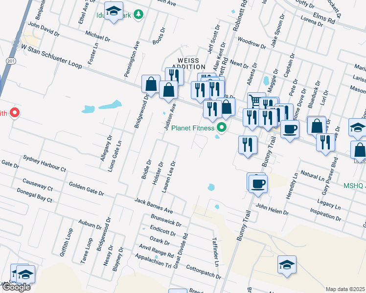 map of restaurants, bars, coffee shops, grocery stores, and more near 5100 Lauren Lea Drive in Killeen