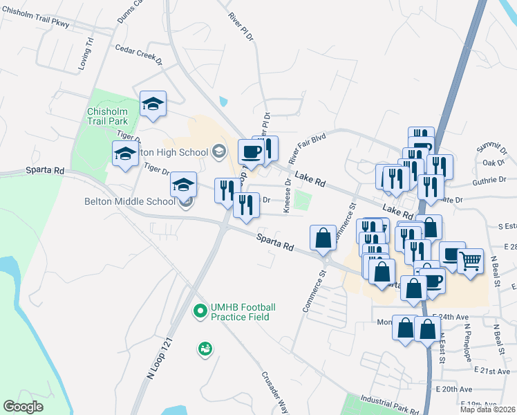 map of restaurants, bars, coffee shops, grocery stores, and more near 508 Stiles Drive in Belton