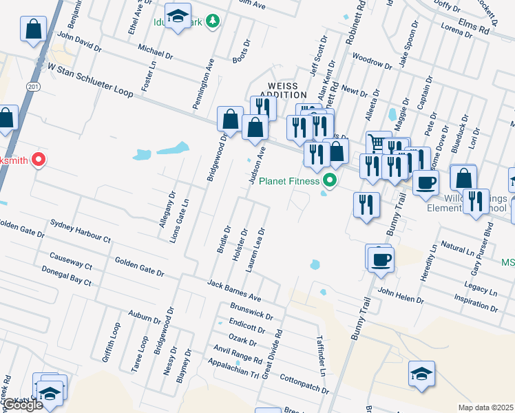 map of restaurants, bars, coffee shops, grocery stores, and more near 5100 Holster Drive in Killeen