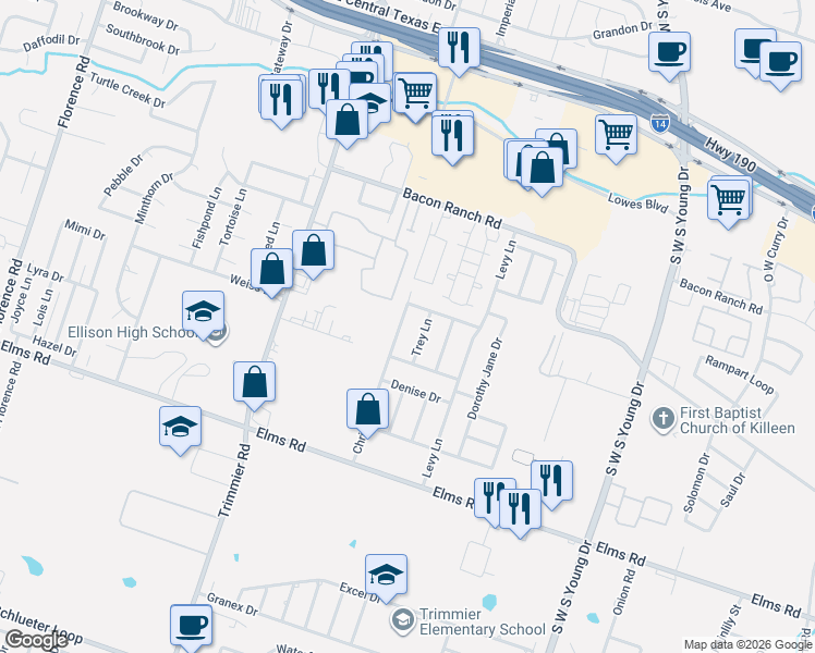 map of restaurants, bars, coffee shops, grocery stores, and more near 3306 Christie Drive in Killeen