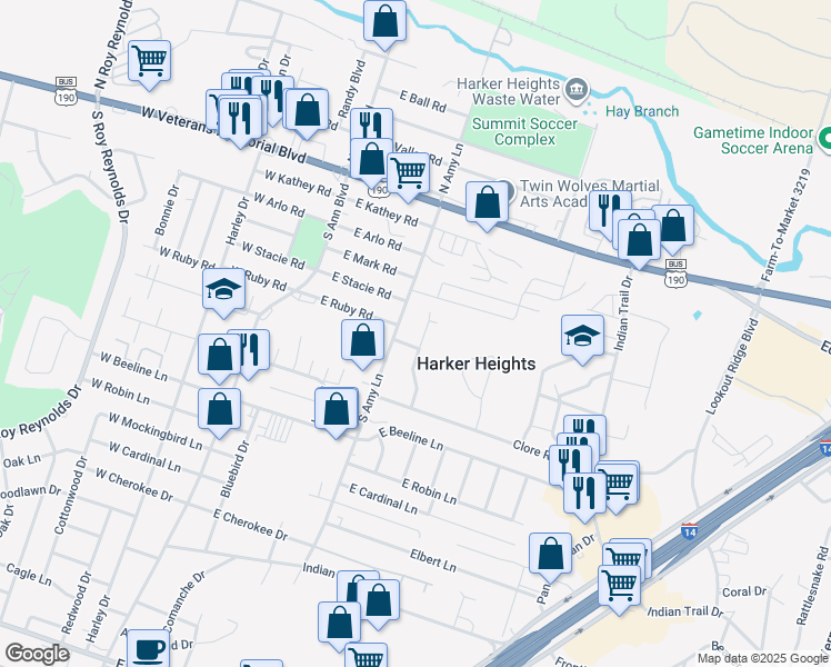 map of restaurants, bars, coffee shops, grocery stores, and more near 408 Brittney Way in Harker Heights