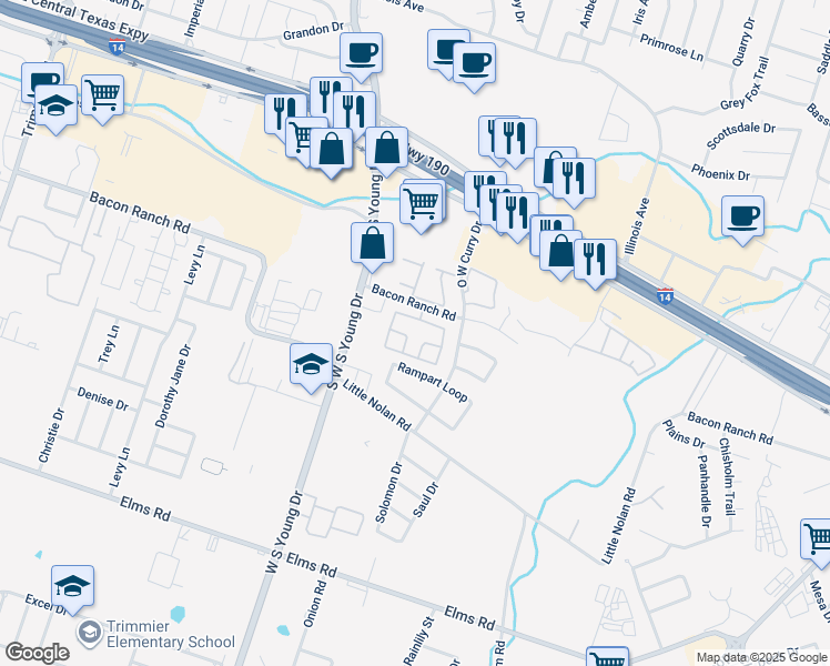 map of restaurants, bars, coffee shops, grocery stores, and more near 2502 Bacon Ranch Road in Killeen