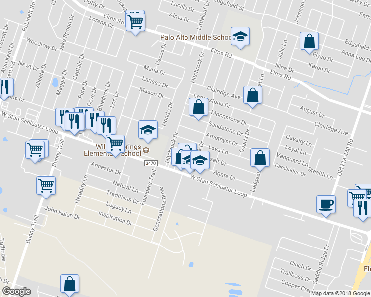 map of restaurants, bars, coffee shops, grocery stores, and more near 2309 Basalt Drive in Killeen