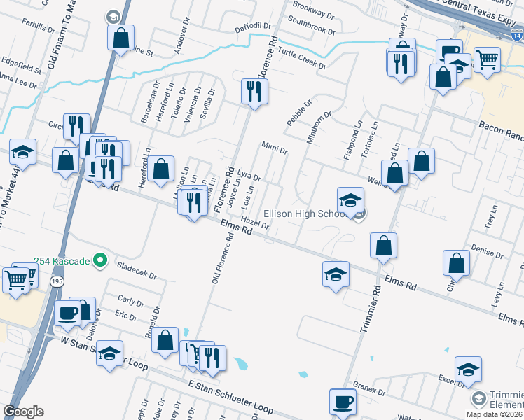 map of restaurants, bars, coffee shops, grocery stores, and more near 150 Rosie Lane in Killeen