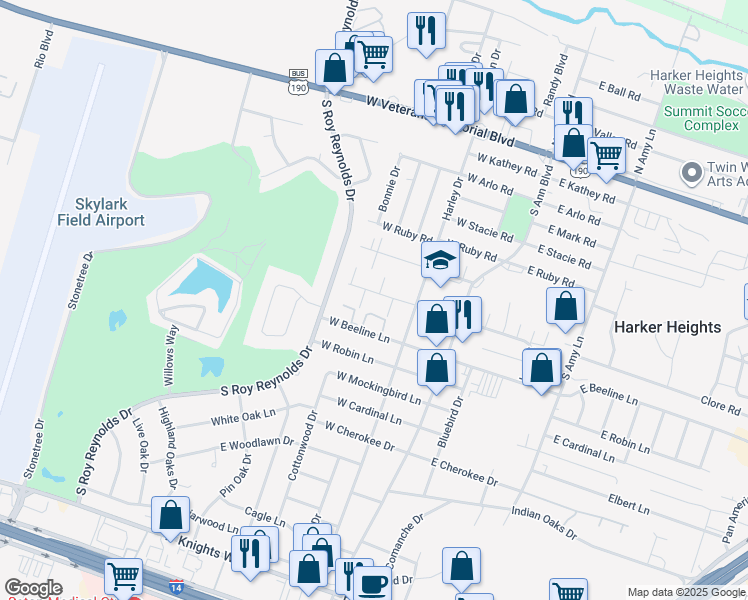 map of restaurants, bars, coffee shops, grocery stores, and more near 212 West Bobwhite Lane in Harker Heights