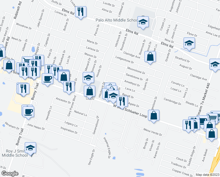 map of restaurants, bars, coffee shops, grocery stores, and more near 2401 Basalt Drive in Killeen