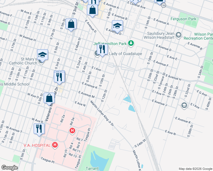 map of restaurants, bars, coffee shops, grocery stores, and more near 1010 South 12th Street in Temple