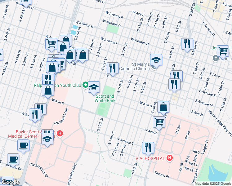 map of restaurants, bars, coffee shops, grocery stores, and more near 1414 South 15th Street in Temple